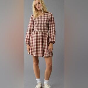 AE Long-Sleeve High Neck Plaid Mini Dress size XS